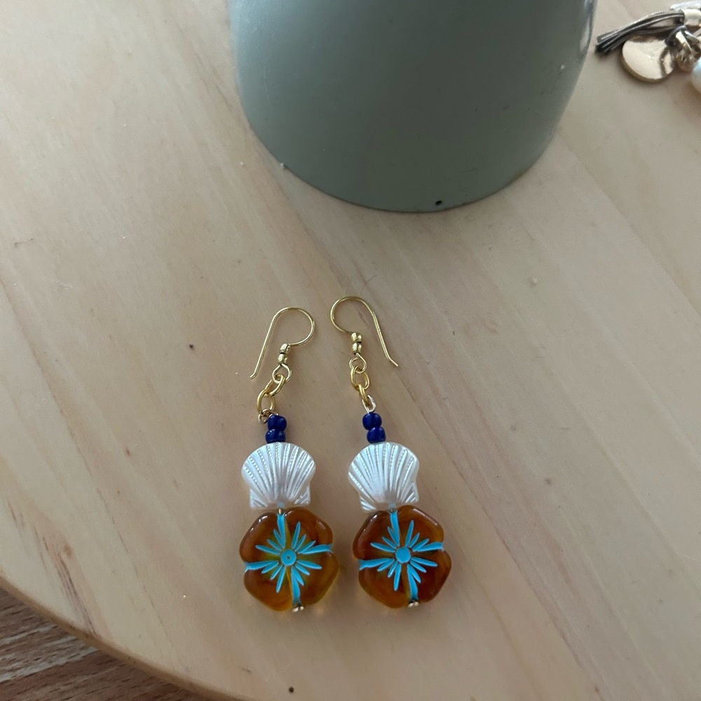 Gold-Tone Shell & Amber Blue Floral Drop Earrings